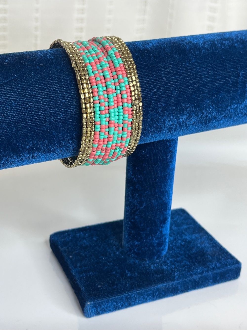 Beaded Turquoise & Coral color Bracelet with Gold Accent, Stretch Wire Opening - Picture 3 of 5